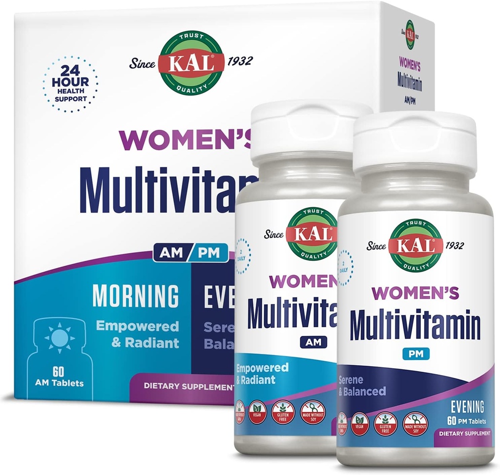 KAL Women's Multivitamin AM/PM, 2-in-1 Multivitamins for Women with Ashwagandha, Silica, Organic Spirulina, and GABA for Cellular Energy, Bone Strength, Immune Support, Vegan, 30 Servings, 120 Tablets