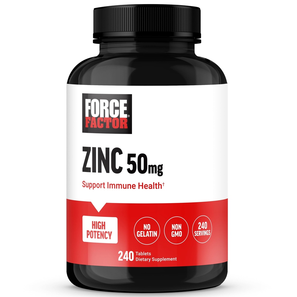 Facteur de force Zinc 50mg, suppléments de zinc avec poudre d'oxyde de zinc, gluconate de zinc et citrate de zinc pour le soutien immunitaire et la santé immunitaire, haute puissance, végétalien, sans gélatine, non-OGM, 240 comprimés