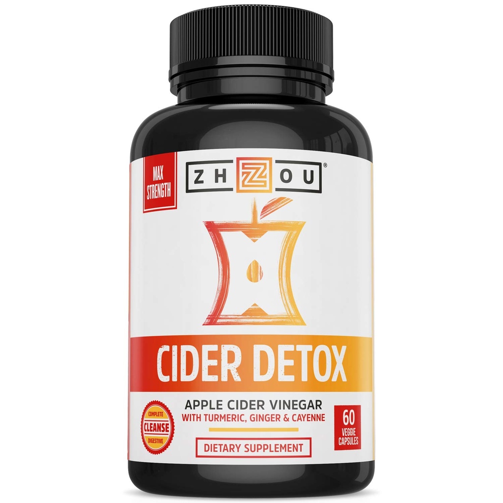 Zhou Cider Detox - Apple Cider Vinegar Capsules with Mother, Raw Natural ACV Pills for Women & Men, Herbal Complex Supplement with Turmeric & Cayenne Pepper - 60 Vegan Capsules