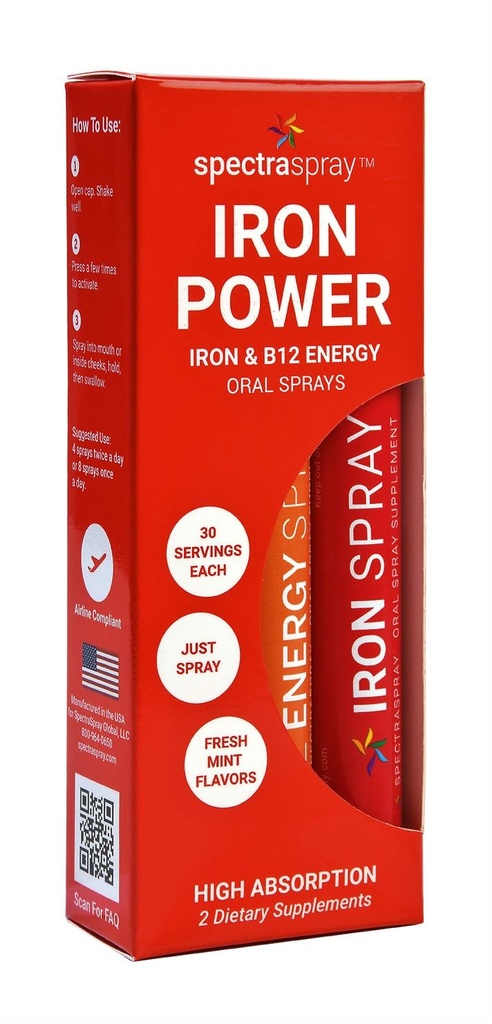 SpectraSpray Iron & B12 Vitamin Liquid Oral Spray Kit - Food Grade Iron as an Essential Daily Mineral and B12. Veganistisch, glutenvrij en zeer effectief, 30 dagen aanvoer per spray
