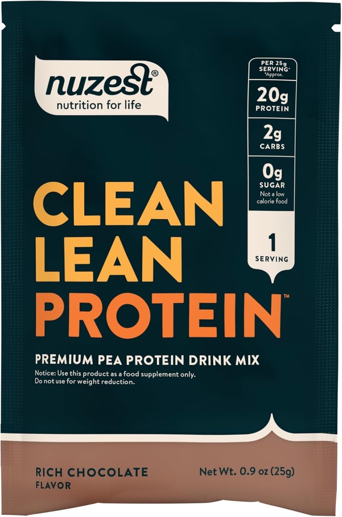 Nuzest - Pea Protein Powder - Clean Lean Protein, Premium Vegan Plant Based Protein Powder, Dairy Free, Glutenvrij, GGO-vrij, natuurlijk zoet eiwit Shake, Rijke chocolade, 1 Serving, 0,9 oz