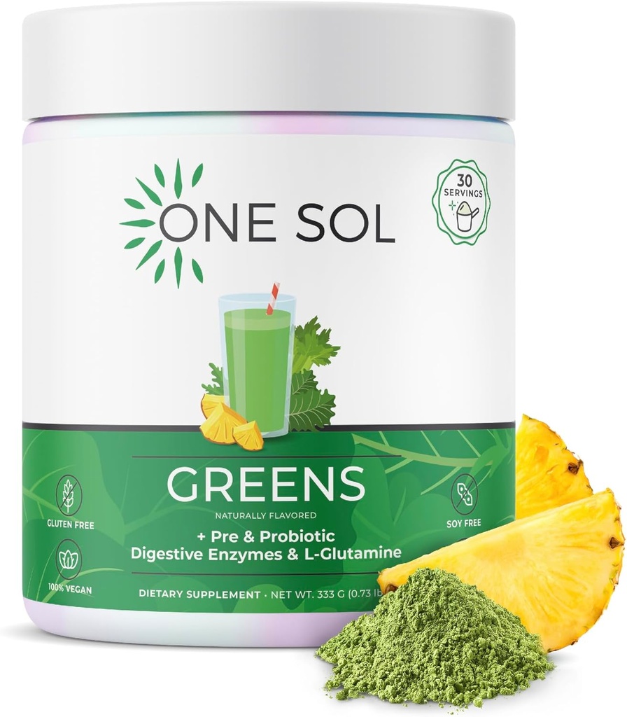 One Sol Greens, Super Greens Powder to Reduce Bloating & Improve Gut Health, Superfood Fresh Bloom Organic Greens Blend Juice & Smoothie Mix, Pre & Probiotic with Discompensative Enzymes, Vegan & Soy Free