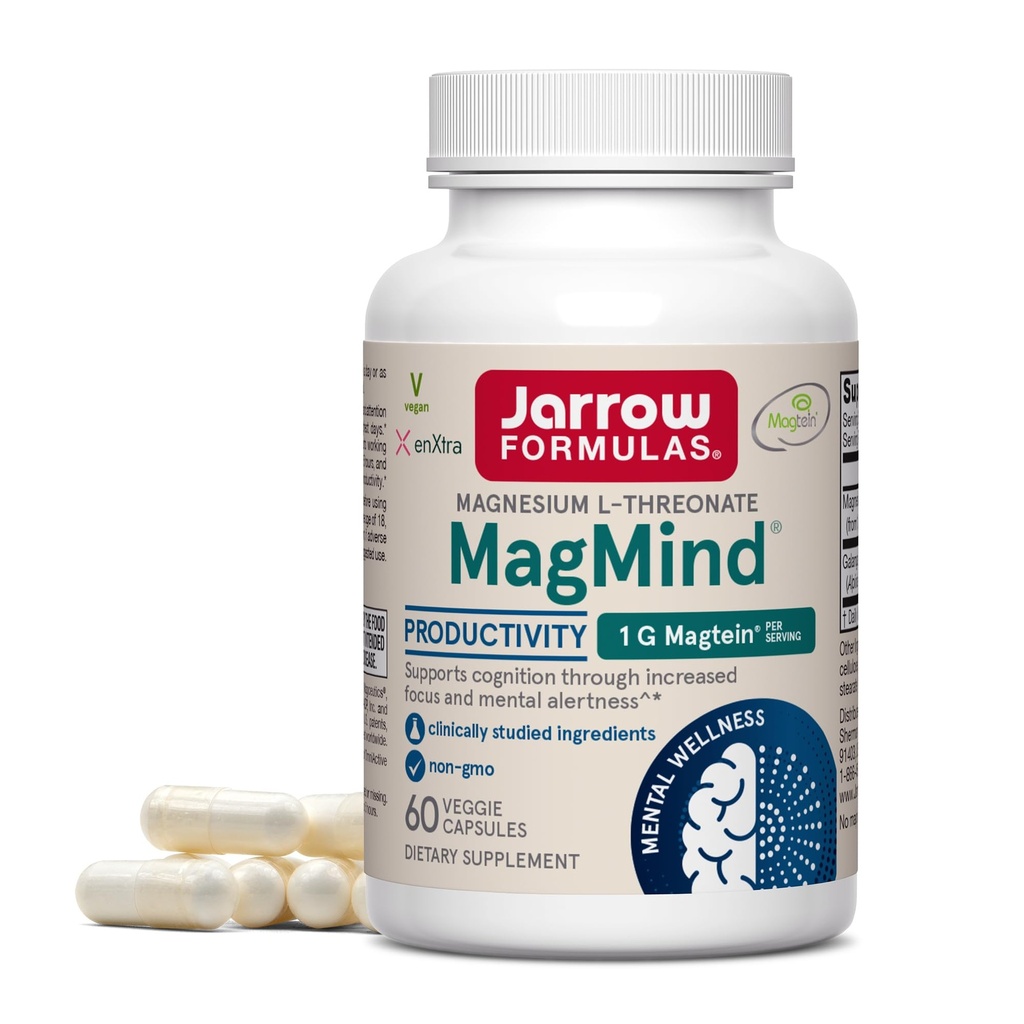 Jarrow Formules Magnesium L-Threonate, MagMind Productiviteit, Hoge Absorptie Magnesium, Hersensupplementen voor Geheugen en Focus, 60 Veggie Capsules, Tot een levering van 30 dagen