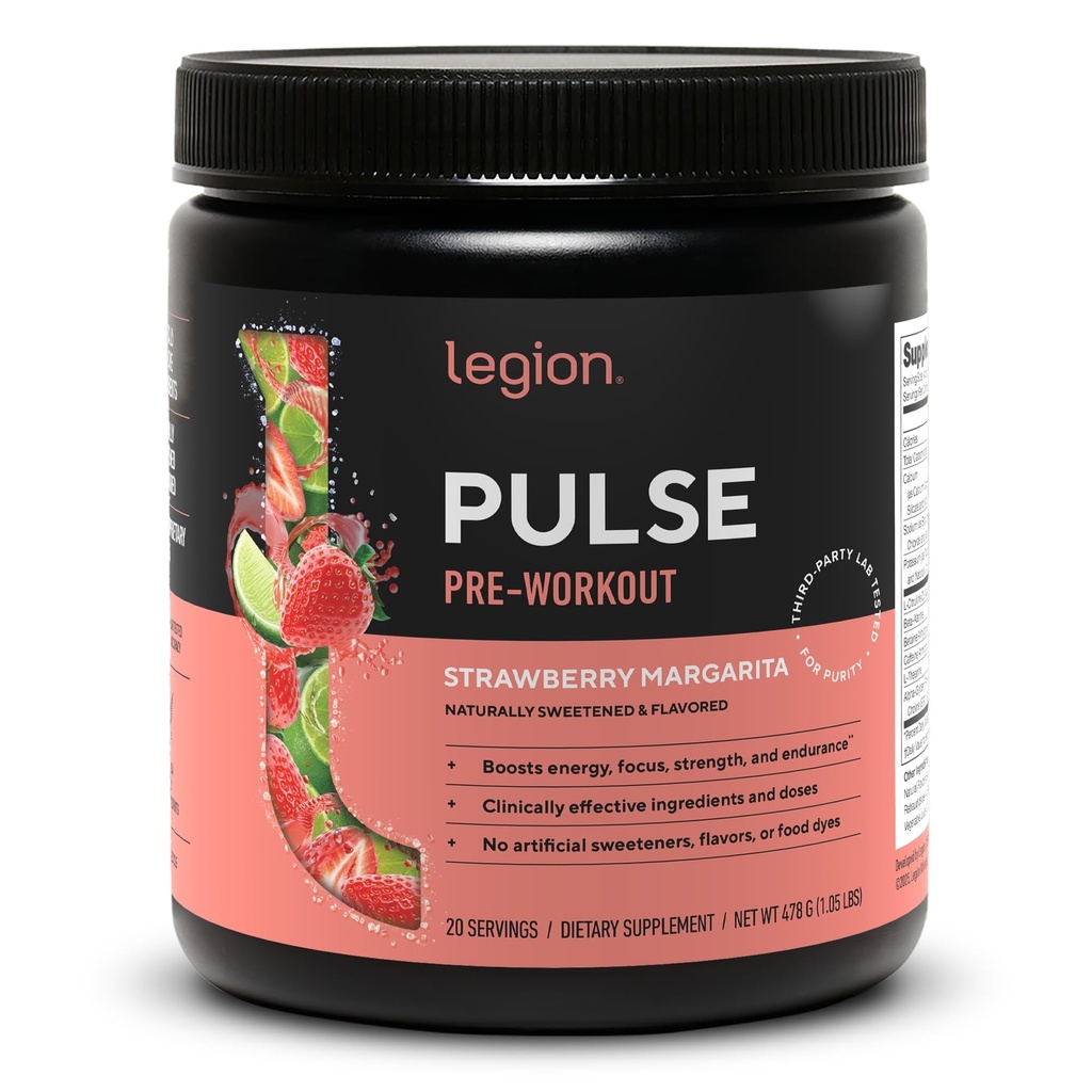 LÉGION Pulse avant l'entraînement - Toutes les boissons naturelles à oxyde nitrique pour stimuler l'énergie, sans créatine, naturellement sucré, Beta Alanine, Citrulline, Alpha GPC (Strawberry Margarita)