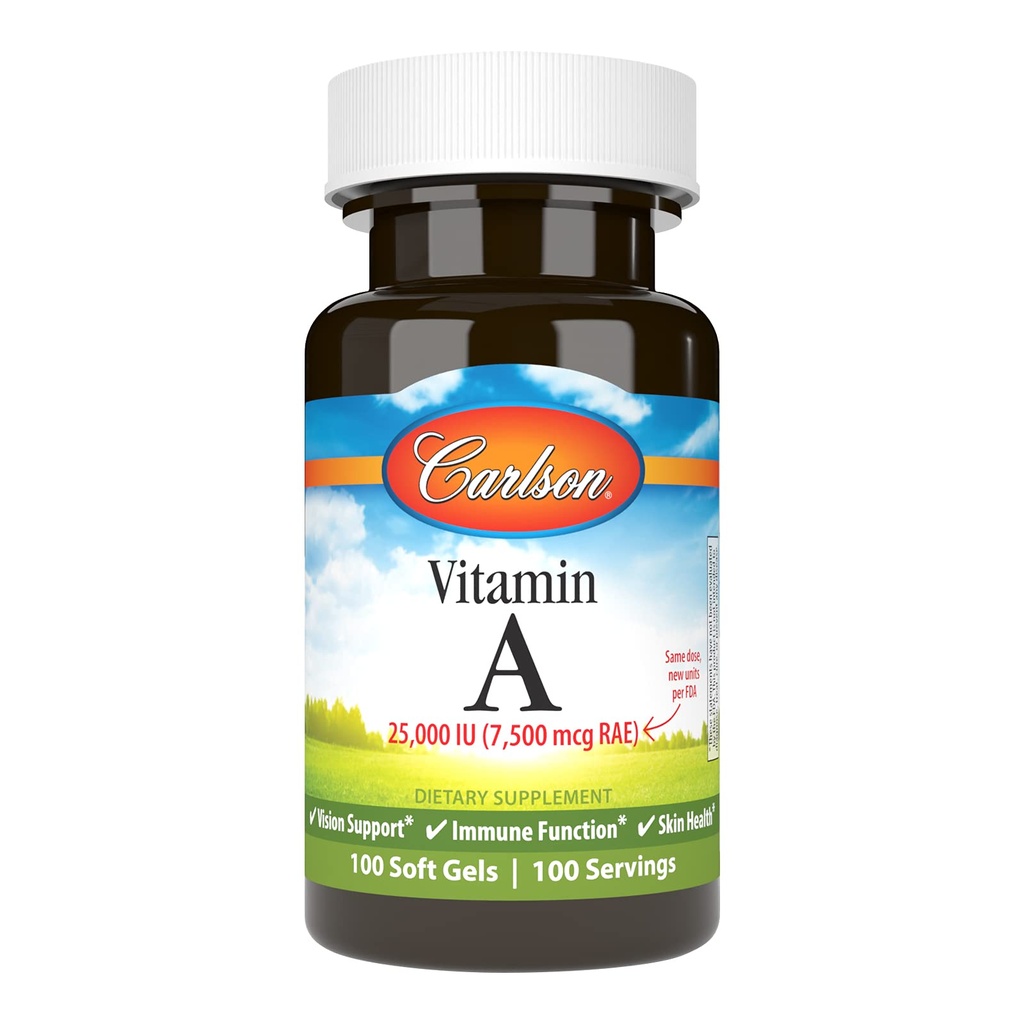 Carlson - Vitamine A, 25000 IE (7500 mcg RAE), Vision & Skin Health, Immuunfunctie, 100 zachte gels