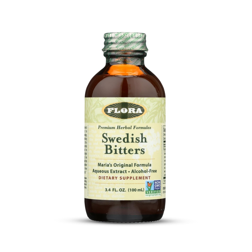 Flora - Zweedse Bitters voor Digestie, Alcoholvrije Bitters Help Bloating & Digestie, Maria's Original Formula Aqueous Extract, Vegan, Kosher, Niet GGO, 3.4-fl. oz. Glazen fles