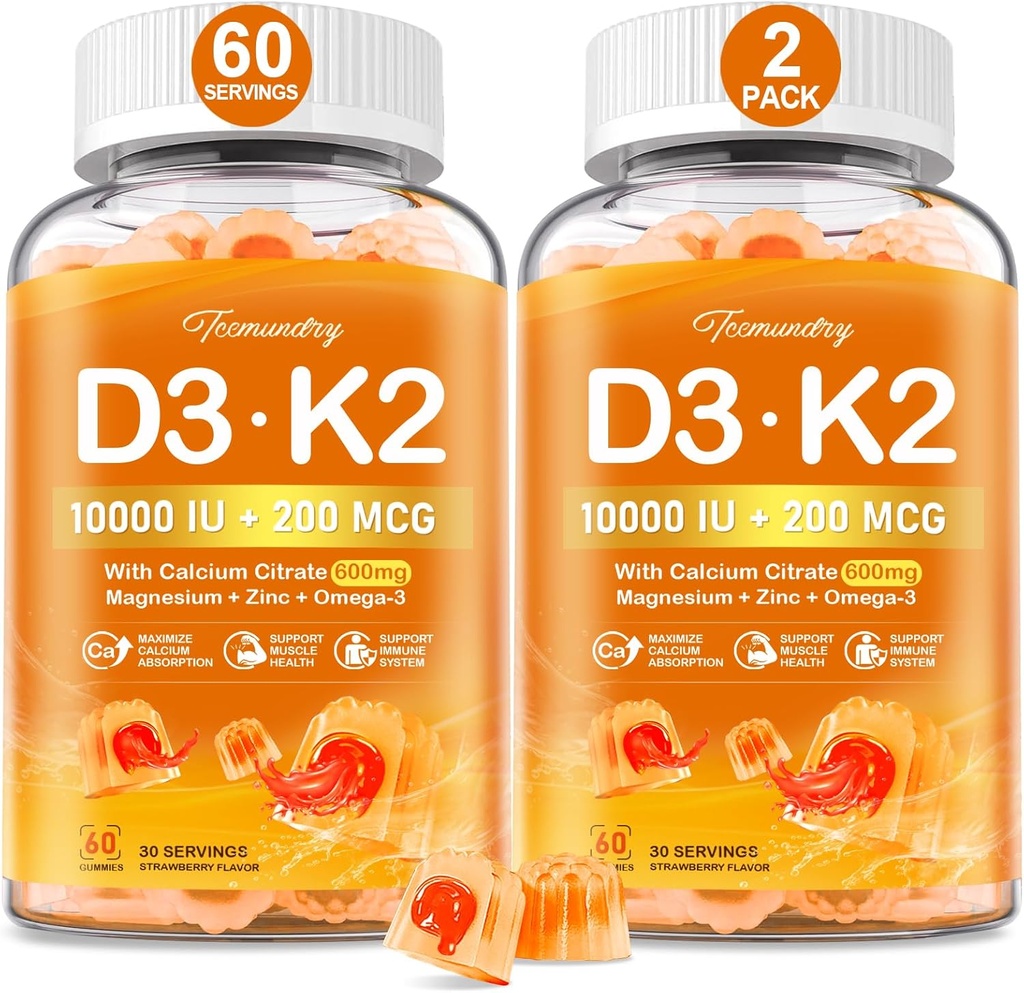 Vitamine D3 K2 5000IU / 10000 UI Gommies pour adultes - K2 D3 Supplément de vitamine avec 600mg Calcium, K2 (MK-7) 200mcg, Magnésium, Zinc, Omega-3 - Soutient l'absorption de calcium et la santé immunitaire