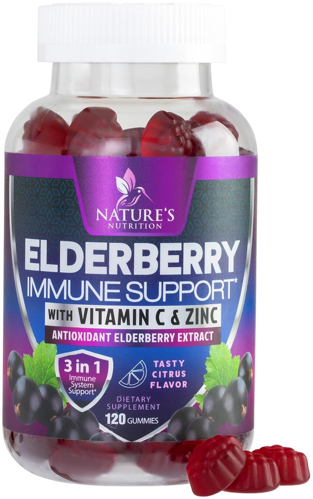 Immuun ondersteuning Gummies met vlierbessen Extract - Sambucus vlierbessen Gummy met zink en vitamine C, natuurlijke veganistische Immuun Ondersteuning Supplement voor volwassenen en kinderen, Gummy vlierbes Vitaminen - 120 Gummies