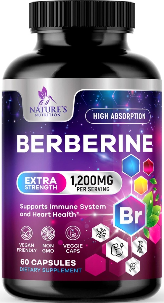 Berberine HCL 1200mg Supplement - Berberine HCI Capsules Hoge Absorptie Supplement voor Hartgezondheid en Immune Ondersteuning, Hoge Sterkte, Glutenvrij, Veganistisch, Niet-GMO Pillen - 60 Veggie Capsules