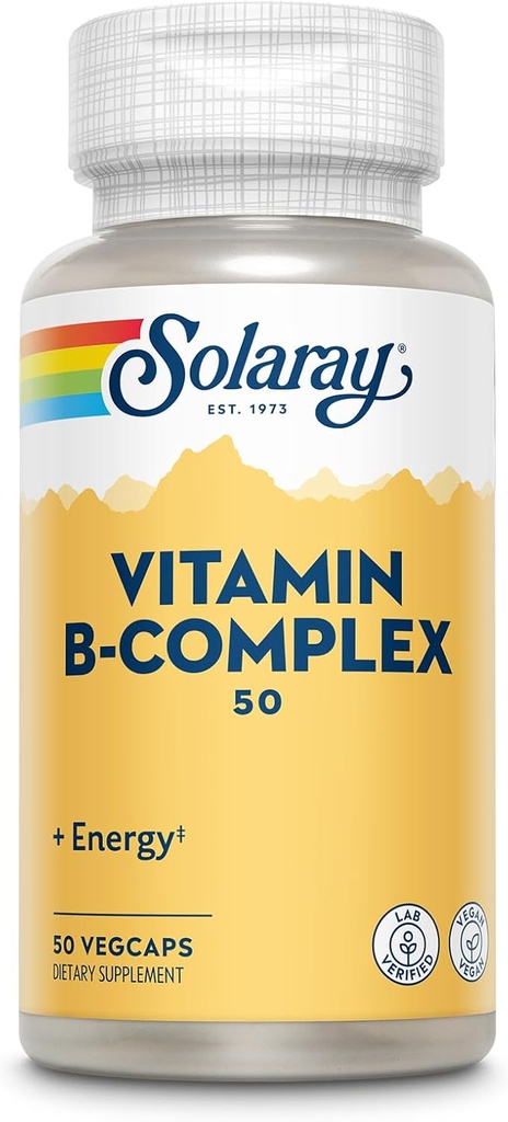 SOLARAY Vitamine B Complex 50 mg - Cellular Energy Vitamines - Metabolisme en nerve Health Ondersteuning met vitamine B12, vitamine B1, B6, Niacin, Foliumzuur, Biotine en andere B Vitaminen - Vegan, 50 VegCaps