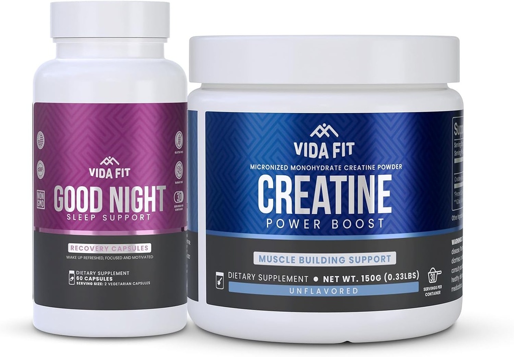 Goede nacht Natuurlijke slaaphulp (60 capsules) & Micronized Creatine Monohydraat Poeder (150 g) Bundel 