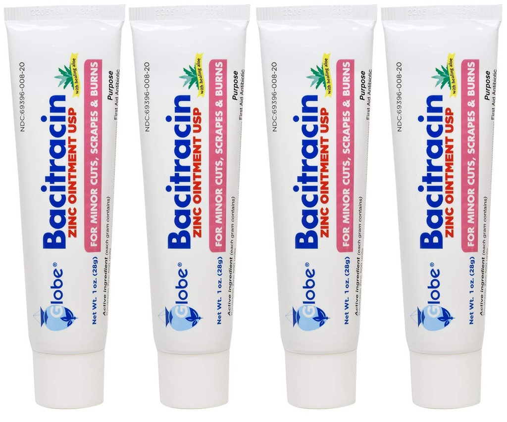 (4 Pack) Globe Bacitracin Zink Zalf + Aloë 1oz, Antibiotische Zalf, Essentiële Antibiotische Eerste Hulp Supplies, Genezing Actie, Maximale Antibiotische Macht, Voorkomt Infectie in snijden, schrammen, Brandwonden