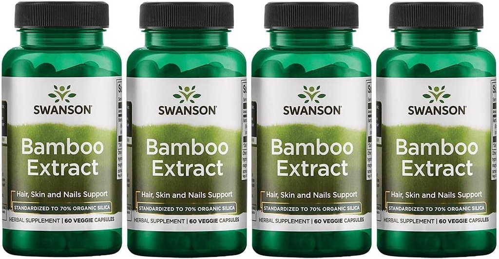 Swanson Bamboe Extract - Natural Hair, Skin and Nails Supplement - 70% Silica Content Supporting Collageen Formation & Bone Growth - (60 Veggie Capsules, 300mg Each) 4 Pack