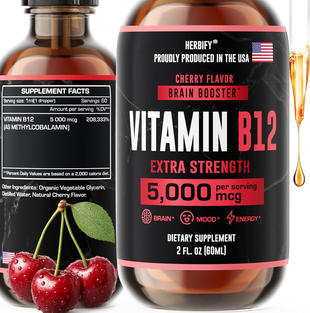 HERBIFY Vitamine B12 Methylated Multivitamine Energy Supplements for Women & Men - Liquid B12 Vitamins 5000 Mcg Methylcobalamine - Energy Support and Immune Health Liquid Vitamin 2 Oz