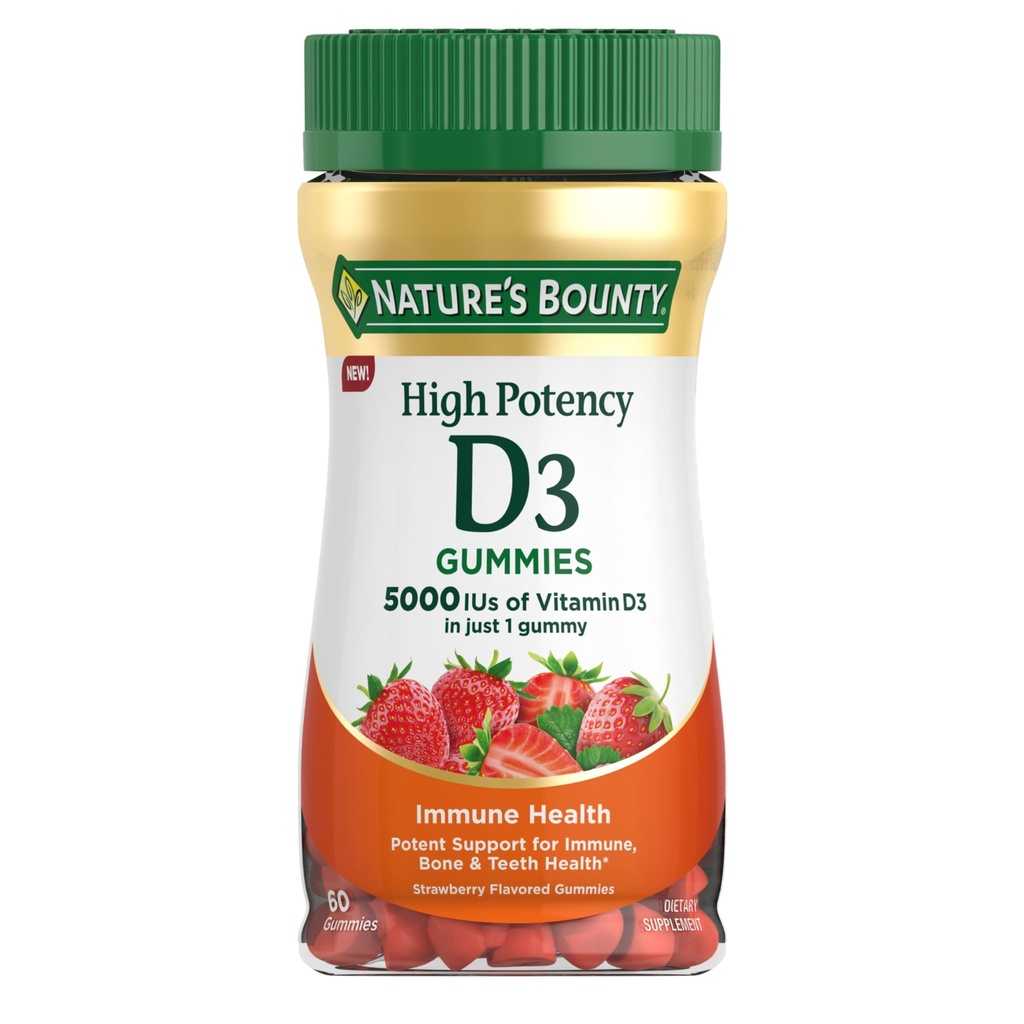 Natures Bounty Vitamine D 5000 UI Gommies, Vitamine D3 Soutien immunitaire de haute puissance et supplément de santé des os, 5000 UI dans 1 Gummy, Flaveur de fraises, 2 mois d'approvisionnement, 60 Gommies végétariennes pour adultes