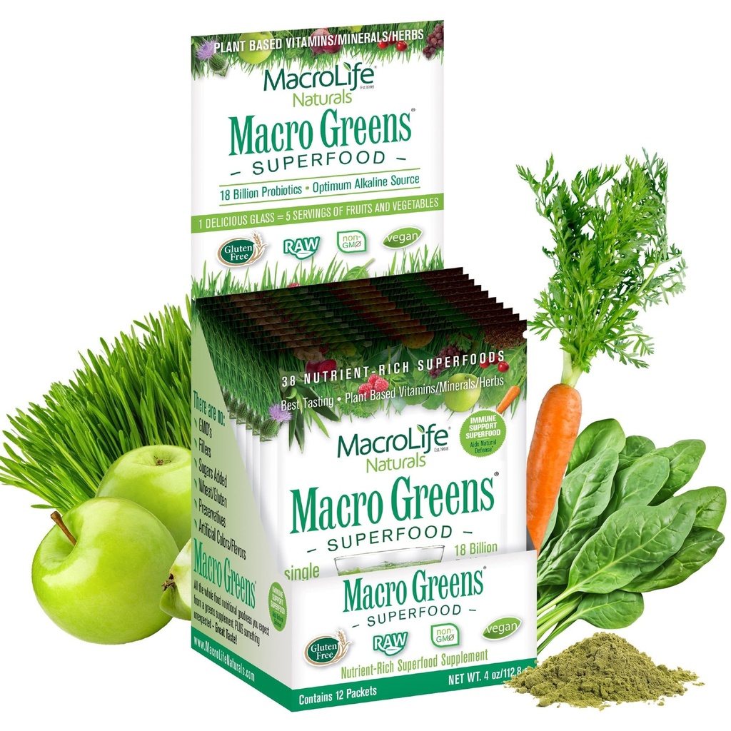 MacroLife Naturals Macro Greens Powder 38 Superfood Probiotique Enzyme antioxydant et supplément à base de plantes Immunity Energy Cleanse - Non-OGM végétalien sans gluten sans lait (12 portions)