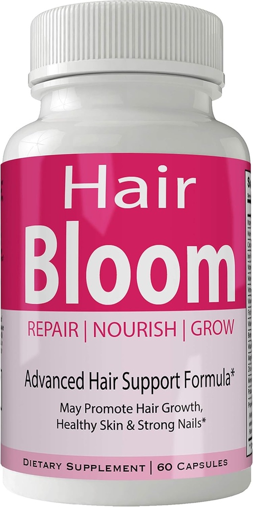 Pilules de croissance des cheveux Bloom Pilules de peau et de ongles - Vitamines de croissance des cheveux et minéraux avec Biotine - Sans gluten 60 Capsules
