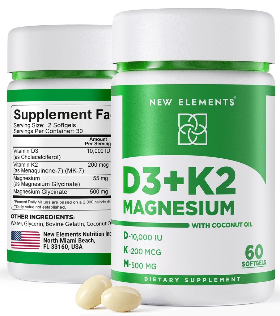 Nouveaux éléments Vitamine D3 K2 10,000 UI avec Magnésium Glycinate 500mg - Bone Health, Immune Support, Énergie et Mood - Non-OGM, sans gluten, sans sucre pour les femmes et les hommes (60 softgels)