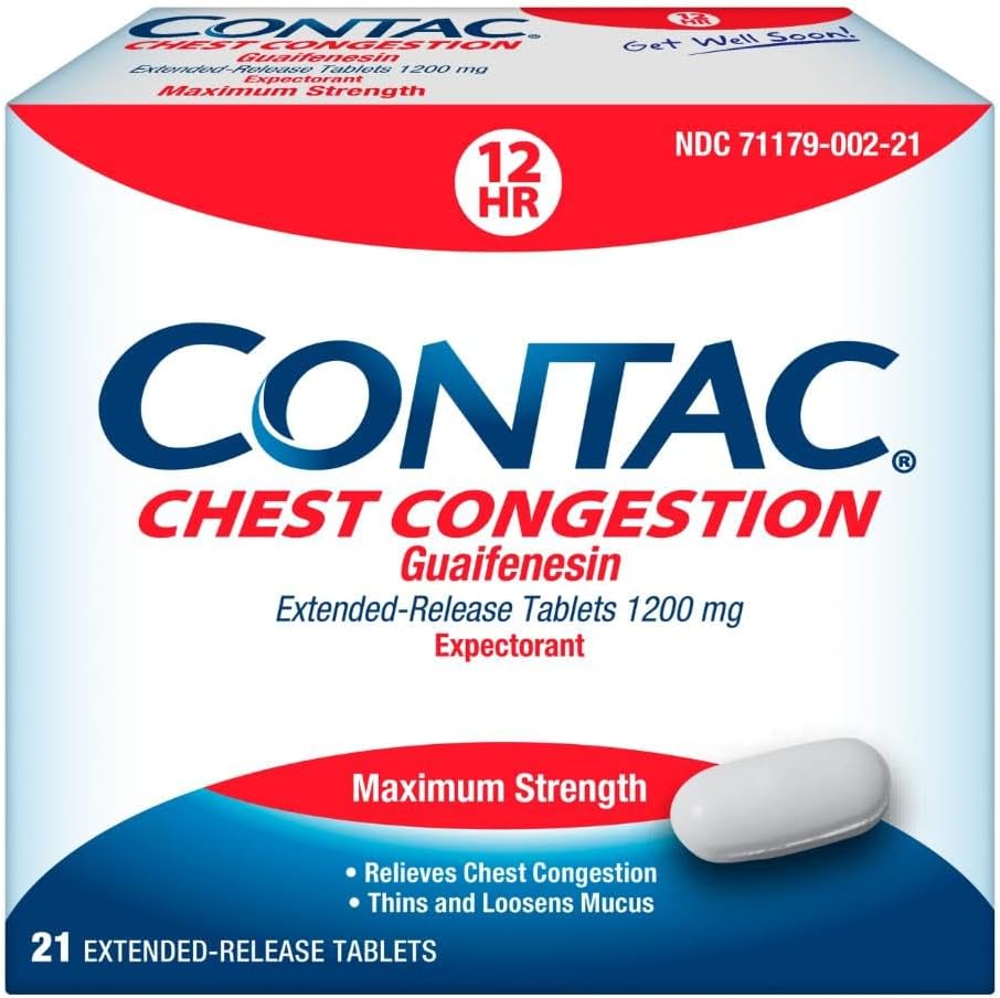 Contac Congestion thoracique, force maximale de contrôle des expectorants Toux et thins et losens mucus, comprimés à libération prolongée, Guaifènesin 1200 mg, comprimés à libération prolongée, 21 Nombre