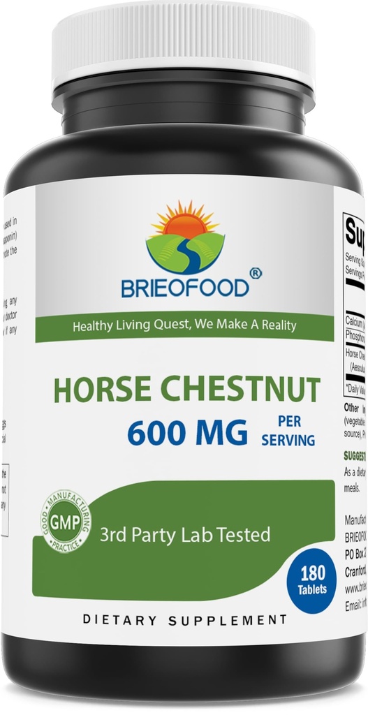 Brieofood Horse Chestnut Extract 600 mg par portion - 180 comprimés - 3e laboratoire de partie testé pour la pureté et la qualité - soutient la circulation saine et l'équilibre fluide dans les jambes*