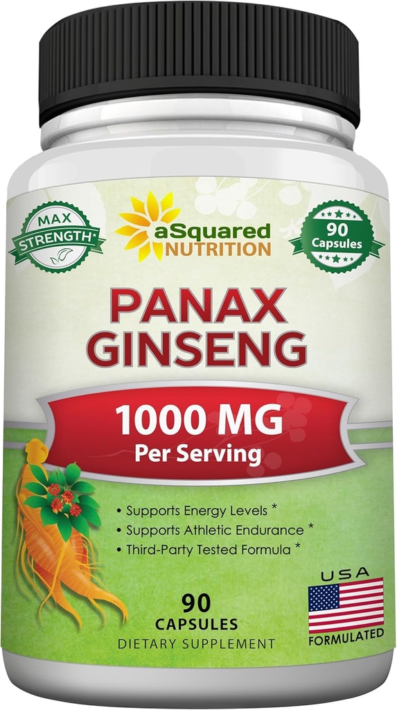 aSquared Nutrition Natural Korean Panax Ginseng (1000mg Max Streng)-90 Capsules Extract Racine Complex (Rouge et blanc), Ginsénoside à haute posologie dans les graines, supplément en poudre asiatique, pilules pour l'énergie