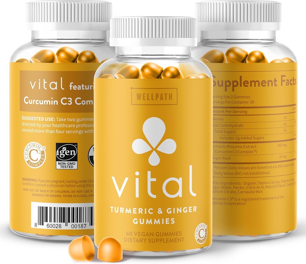 WellPath Vital Turmeric Gummies + Gember - Gezamenlijke ondersteuning Curcumin Supplement, Kurkuma C3 Complex, Smakelijk alternatief voor capsules, Kurkuma & Gemberwortel, Tropische Smaak Kauwen, Veganistisch, 60 Ct