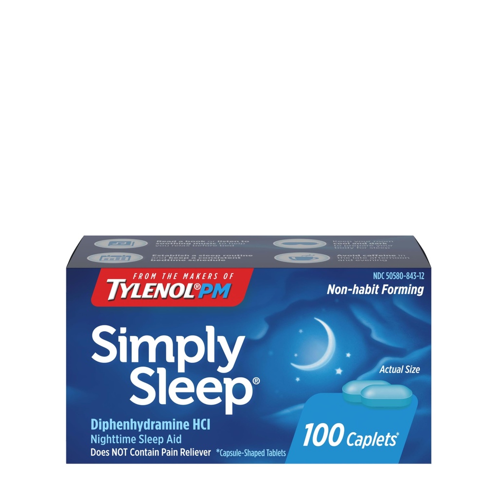 Tylenol Simply Sleep Nighttime Slaaphulp Caplets, 25 mg Difenhydramine HCl, Non-Habit vormen slaaphulp voor volwassenen, 100 Tellen