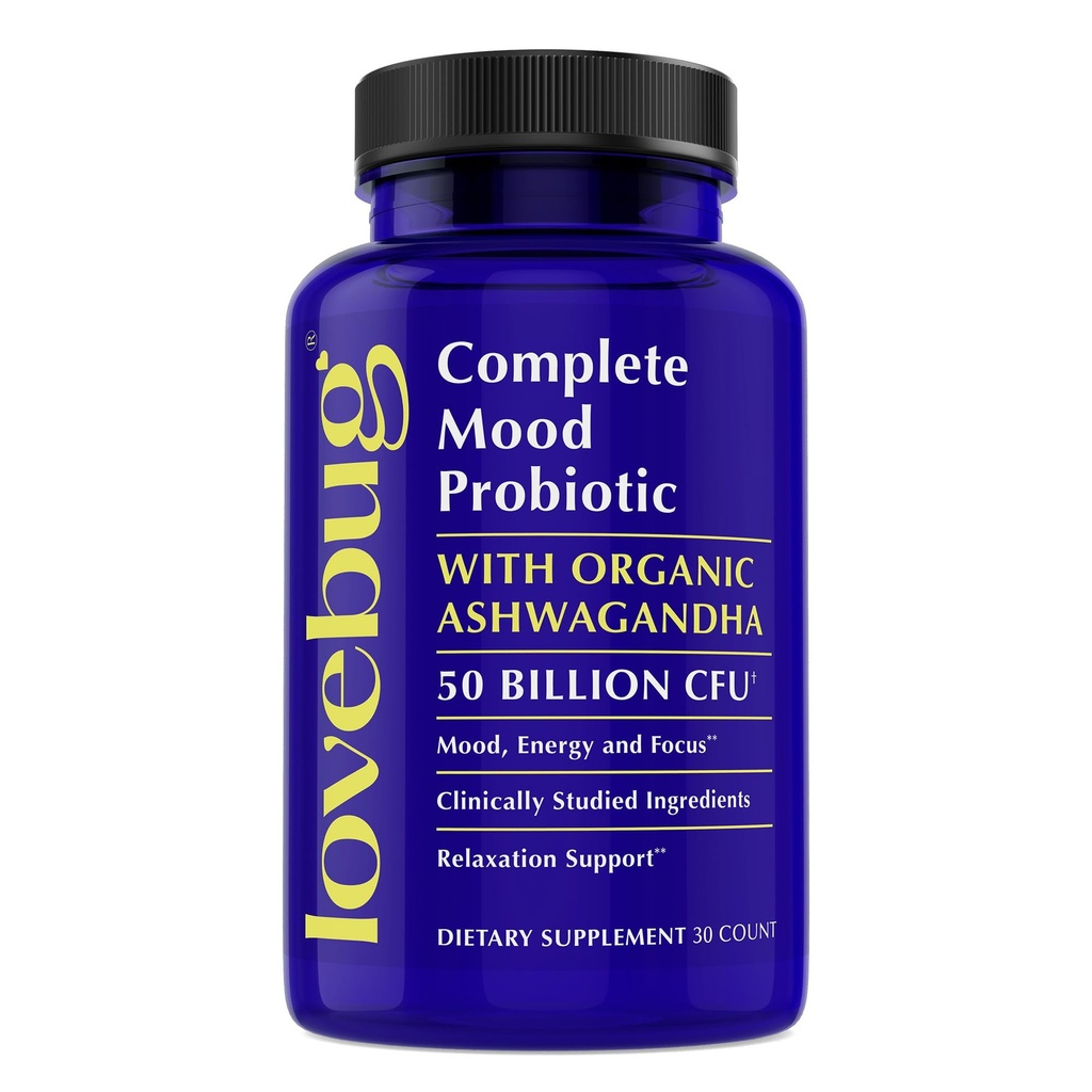 LoveBug Complete Mood Probiotics for Women - 50 milliards CFU, 10 souches étudiées cliniquement, Lactobacillus Bifidobacterium Probiotic with Ashwagandha Digestive Health, Supplément de soutien de l'humeur, 30 comtes