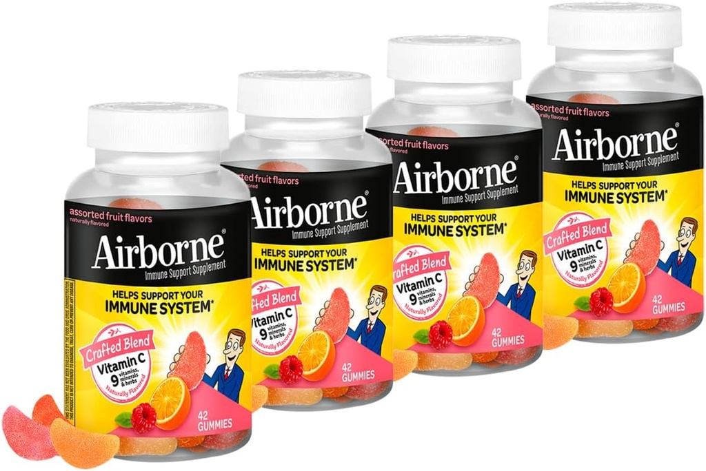 Airborne 750 mg Vitamine C Immuun Ondersteuning Supplement Gummy's voor volwassenen, diverse fruitsmaak, Glutenvrij Gemaakt Blend met Krachtige Antioxidanten Vitaminen A C & E, 42 Gummies (4 Pack)