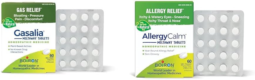 Boiron Gasalia Tabletten 60 Tellen en AllergieKalm Tablets 60 Tellen voor Verlossing van Gas, Opgeblazen, Allergieën en Hay Koorts