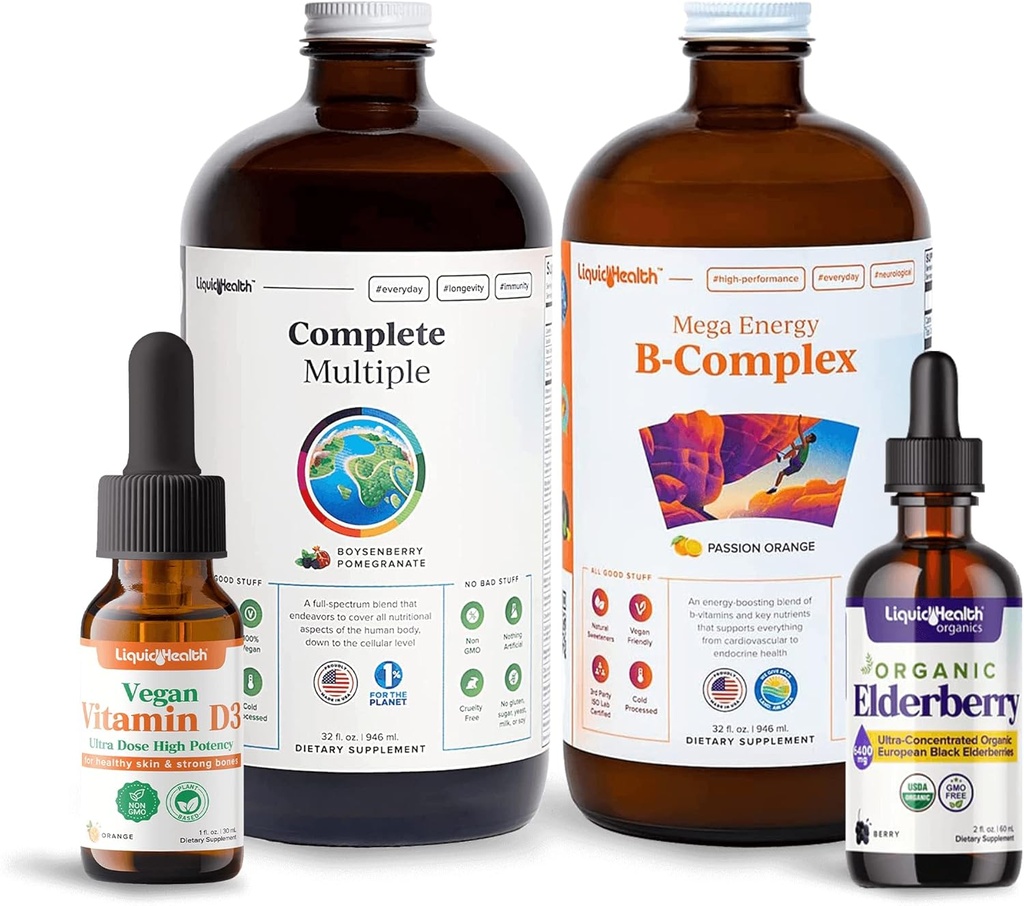 LIQUIDEHEALTH Ultimate Immunity & Energy Liquid Vitamin Bundle for Adults with Complete Multivitamine, Energy Support B-Complex Supplement, Vegan Vitamin D3 Drops, Organic Vlierberry Drops - Non-GMO