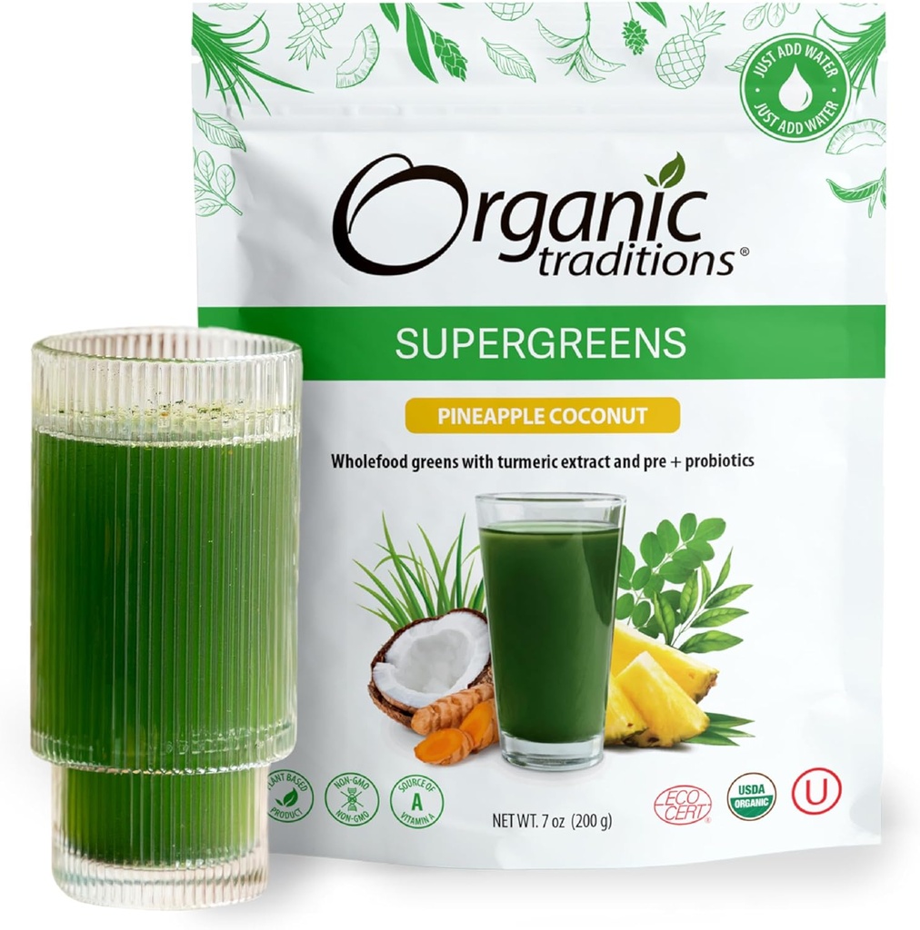 Biologische Tradities Super Greens Poeder Superfood met Kurkuma, Ananas Coconut Flavored Biologische Groenen Superfood Poeder, 200g / 7oz Bag