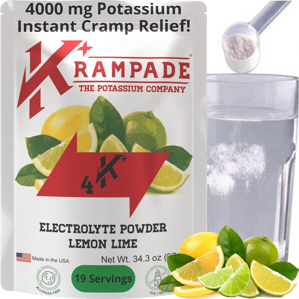 Krampade Original Lemon Lime 4K, 4000 mg Kalium Instant Cramp Relief Electrolyte Drinkpoeder Ontworpen voor Atleten en Crampers 19-Serving Resealable Pouch