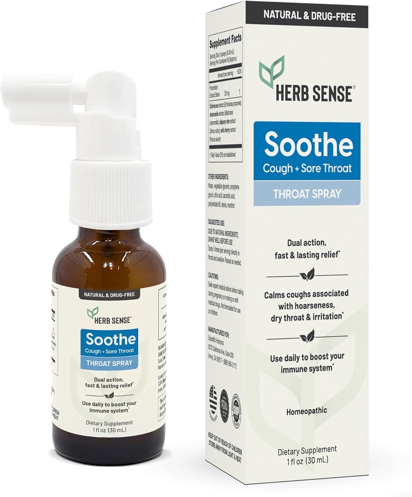 Herb Sense Throat Comfort Spray Verwarming en verzachting met glibberige Elm, Echinacea en kamille natuurlijke uitwerpselen (1 fl oz)
