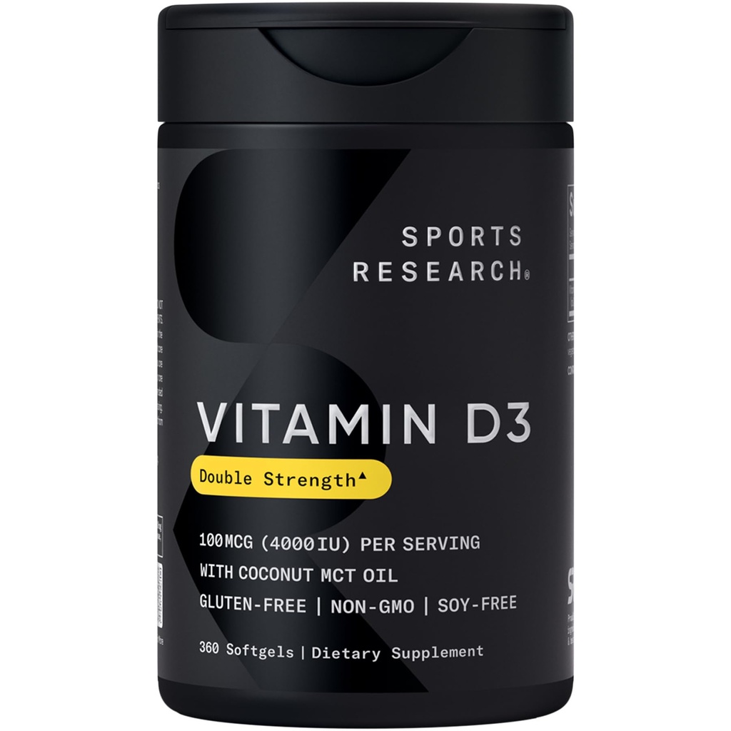 Sports Research® Vitamine D3 4000 UI avec huile de noix de coco MCT - Supplément double résistance Vitamine D - Sans gluten · Non-OGM · Sans soja - 360 softgels