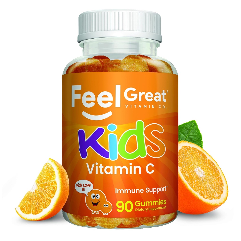 Enfants Vitamine C Gummies Chewable for Imune Defense (à base de plantes), sans gluten (Végétalien) 250 mg par portion (90 Gummies) Vitamines pour enfants par Feel Great Vitamine Co.