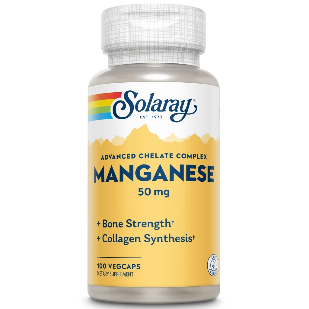SOLARAY Supplément de manganèse 50 mg - Trace Minerals essentiels - Suppléments de trace Mineral avancés pour la force osseuse et le soutien de la santé osseuse - Lab Vérifié, garantie de 60 jours, 100 portions, 100 VegCaps