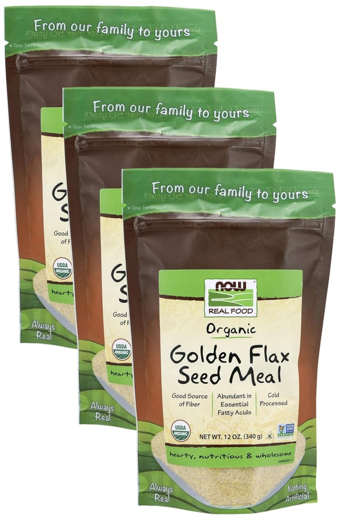 NU Foods, Organic Golden Flax Seed Meal, Bron van essentiële vetzuren en vezels, koudverwerkt, Certified Non-GMO, 12-Ounce (Verpakking mei Vary) (Pack of 3)