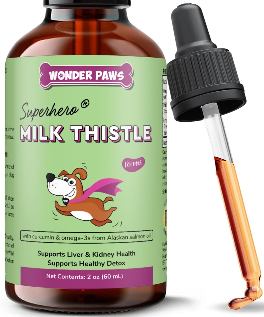 Wonder Paws Melkdistel, Lever Ondersteuning voor Honden, Ondersteunt Nierfunctie voor Huisdieren, Detox, Lever Ondersteuning, met Wild Alaska Zalm Olie & Curcumin, Omega 3 EPA & DHA (2 Oz)