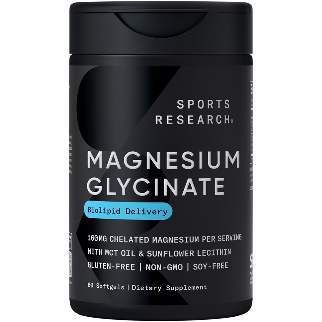 Sports Research® Magnésium Glycinate - soutient les processus reposants de sommeil et d'enzymatique - 160 mg Magnésium chélaté - Softgel liquide - 60 Compte