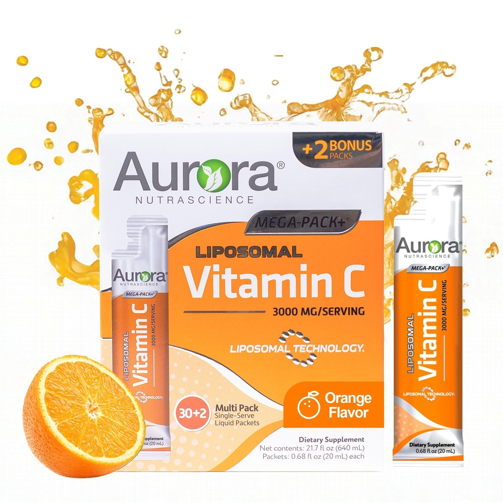 Aurora Nutrascience Liposomal Liquid Vitamin C - Gezonde Immuun Ondersteuning Supplement voor Volwassenen, Suikervrij, 3000 mg per Serving, Vegan, Glutenvrij, Niet-GMO - 32 Single Serve Packets, Oranje