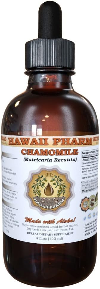 HawaiiPharm Camomille Extrait liquide, Camomille biologique (Matricaria Recutita) Supplément de teinture 4 oz