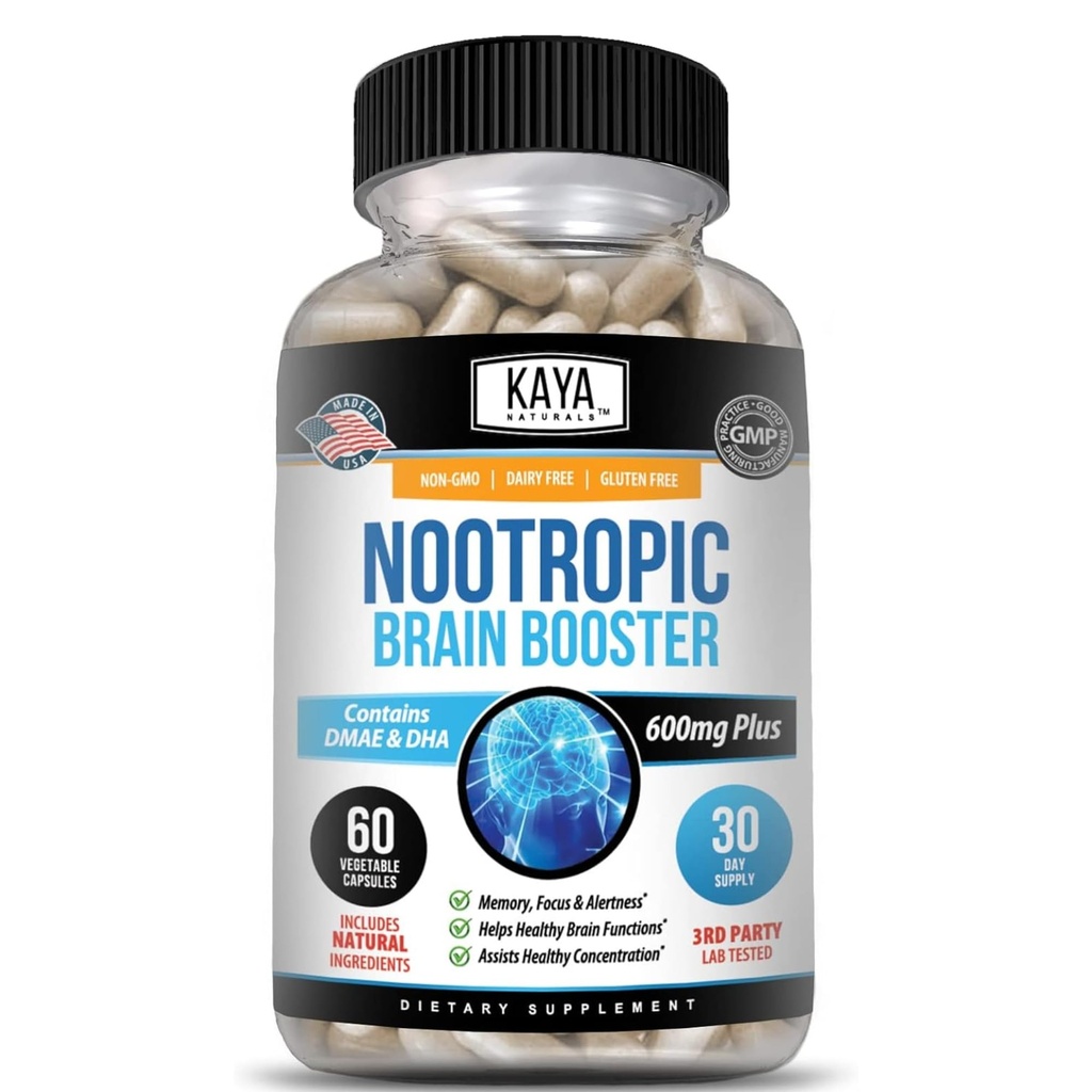 Kaya Naturals - Nootropic Cerveau Booster - pour Mémoire et Focus - Supplément Soutien Cerveau - Focus & Concentration & Apprentissage Précision - Fonction cognitive - 60 Compte