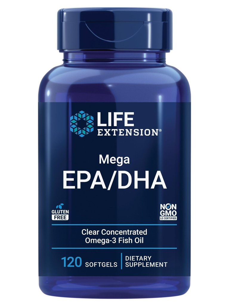 Prolongation de vie Mega EPA/DHA, acides gras oméga-3, santé du coeur et du cerveau, sans OGM, sans gluten, 120 softgels