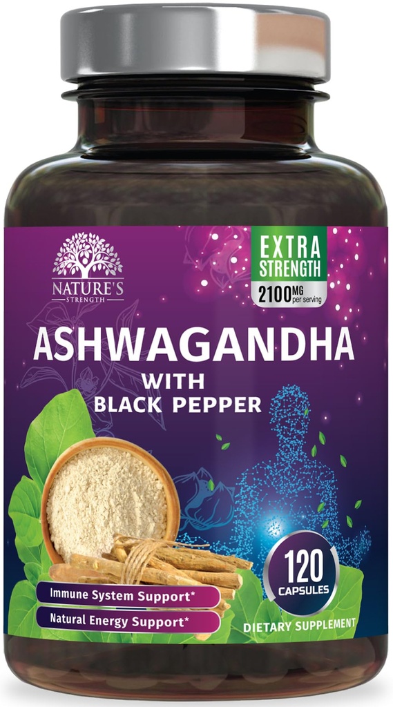 Ashwagandha Supplementen 2100mg - Extra sterkte Ashwagandha Powder & Root Extract met Black Pepper voor Max Absorptie, Herbal Antioxidant Supplements for Women & Men, Vegan, Non-GMO - 120 Capsules
