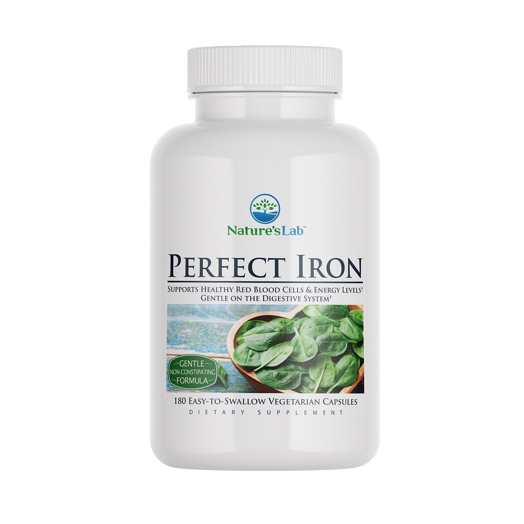 Nature's Lab Perfect Iron Supplément diététique de 25 mg - Formule douce non constipante - Soutient la santé des globules rouges et des niveaux d'énergie - 180 capsules (6 mois d'approvisionnement)