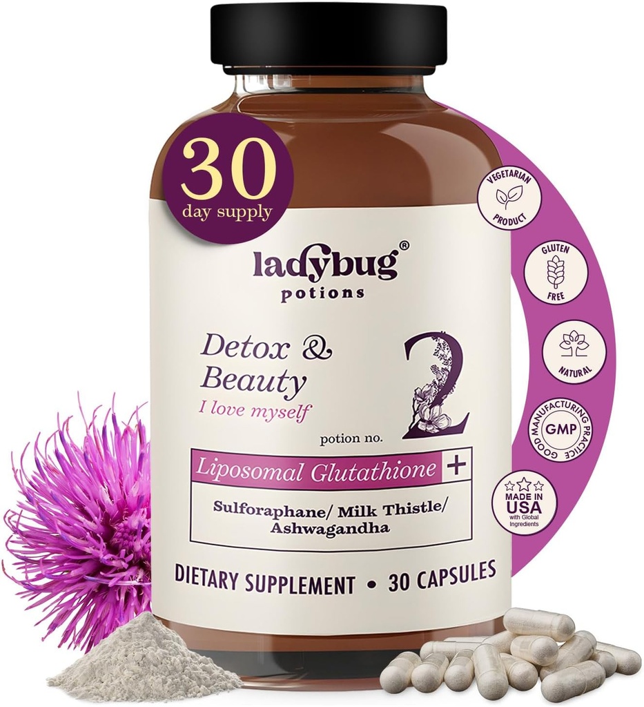 Supplément glutathion liposomique - 30 gélules Supplément glutathion liposomique, avec Ashwagandha biologique, Sulforaphane de la graine de brocoli, Myrosinase, Thistle de lait pour le soutien immunitaire et la santé du foie