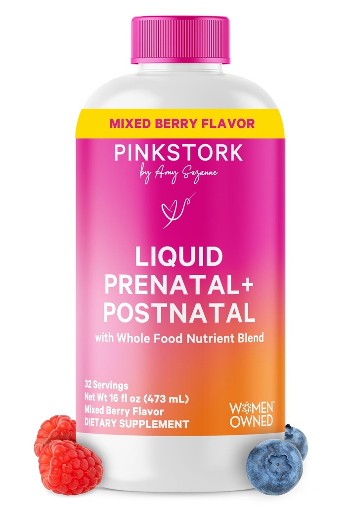 Pink Stork Vitamines prénatales liquides pour les femmes - Flaveur de baies - Mélange d'aliments biologiques - Fertilité, grossesse, essentiels postpartum - Soutien de la maladie du matin - Allaitement et allaitement - 32 portions