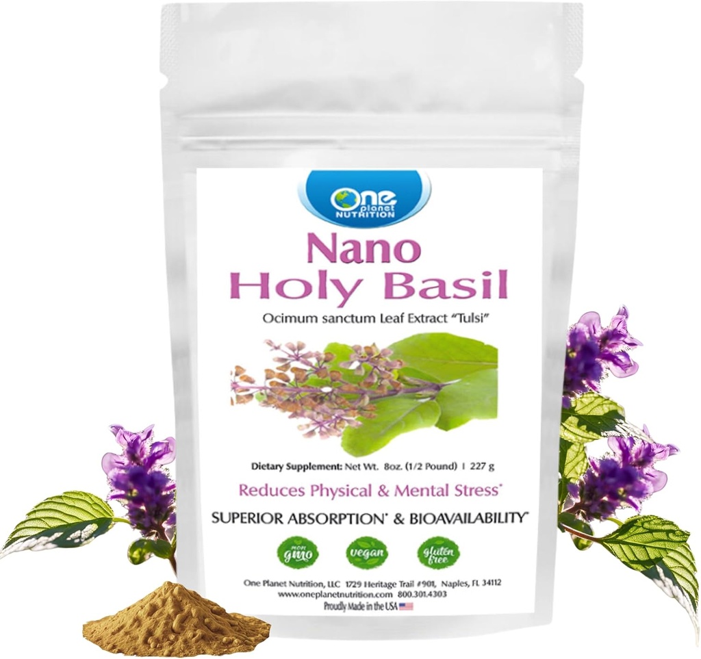 One Planet Nutrition Nano Holy Basil Powder 8 oz (227 Servings), Tulsi, Nano for Enhanced Absorptie, Supports Stress Relief & Immune Support, Non-GMO, Vegan, Glutenvrij