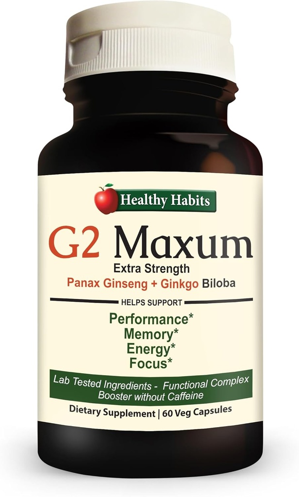 Habitudes santé G2 Maxum Extra Streng Panax Ginseng Plus Ginkgo Biloba mélangé pour soutenir l'énergie et la fonction cognitive 60 capsules de veg par bouteille